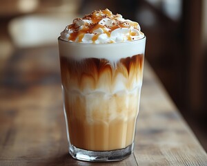 Iced caramel latte with whipped cream.