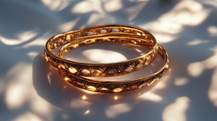 Golden bangles stacked on a soft white textured background with warm, radiant light.