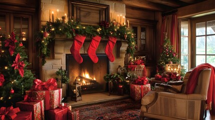 A rustic fireplace decorated for the holidays, with evergreen garlands, red ribbons, and candlelight. A cozy armchair sits nearby, surrounded by wrapped presents and holiday decor, evoking a 