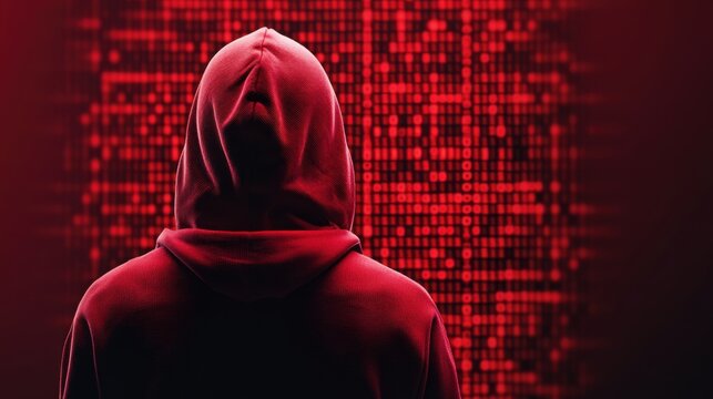 Mysterious Figure in Red Hoodie Against Abstract Digital Background with Glowing Binary Code Elements
