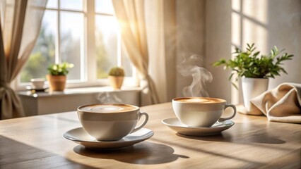 Morning Sunlight Illuminates Two Steaming Cups of Coffee on a Wooden Table