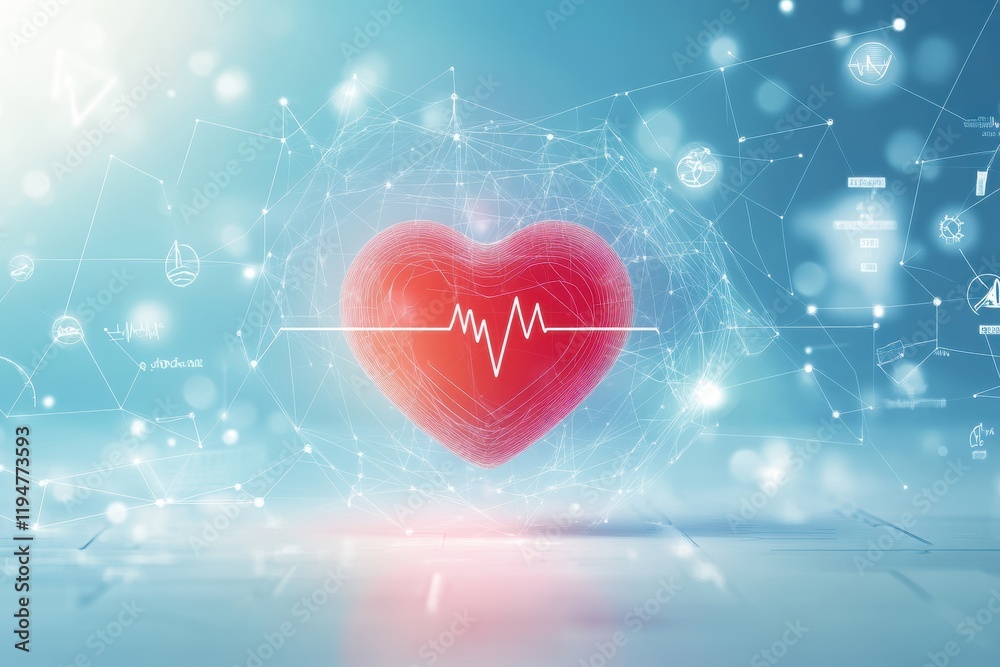 Leinwandbilder glowing red heart surrounded by dynamic cardiogram and medical symbols in a futuristic digital setti