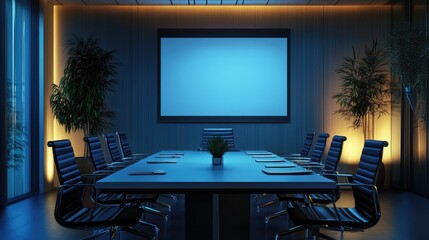 Modern boardroom setting with a polished conference table, chairs, and a blank presentation screen under soft lighting.