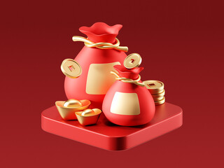 Chinese gold coin new year money festival isolated on 3d background with china oriental golden prosperity wealth currency bag concept. Lunar treasure coins ancient finance traditional design.