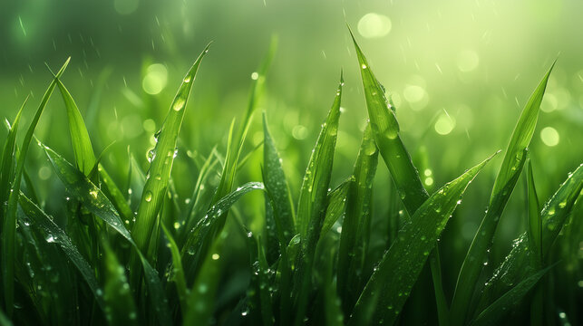 Vibrant green grass with dew in morning light
