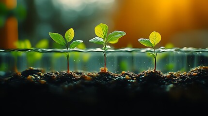 Three seedlings growing in water and soil.