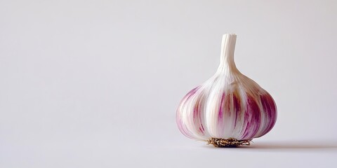 Fototapeta premium Garlic bulb with light purple skin positioned on the right side of a clean white background showcasing its texture and natural beauty.