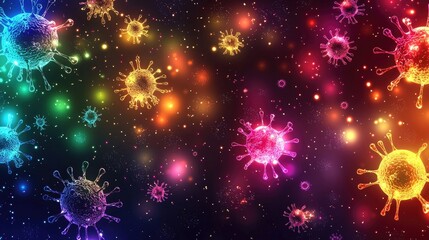Fototapeta premium Abstract illustration of colorful viruses cosmic backdrop. Vibrant colors, artistic depiction, molecular shapes, infection, science, microbiology, healthcare concept, universe theme. Generative AI.