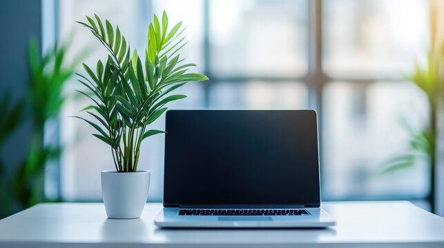 Modern home office setup with a clean white desk, laptop, and a potted plant near a window with soft natural light. Spacious and inviting with copy space.