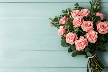A beautiful bouquet of pink roses on a rustic wooden background.