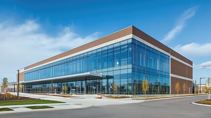 Obraz premium Modern office building with sleek glass architecture and minimalist landscaping under bright daylight. Spacious and inviting.
