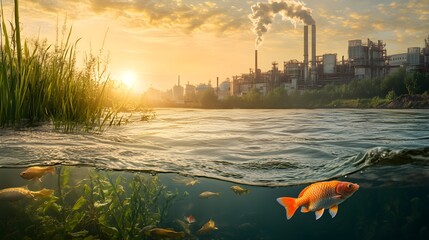 A dramatic scene depicting a factory dumping waste into a river, with fish swimming nearby, symbolizing the environmental threat posed by water pollution. 