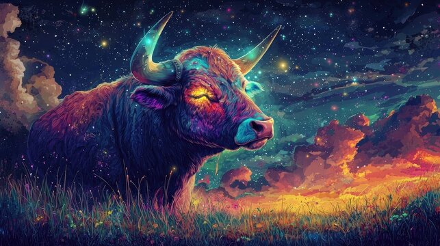 Majestic bull in a cosmic setting with glowing stars and constellations. Zodiac theme, power, nature, astronomy-inspired artwork, strength, and astrological symbolism. Generative AI.