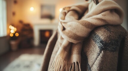Soft wool scarf resting on a winter coat, placed on a coat rack with a cozy home interior in the background.