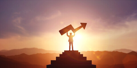 Silhouette of businessman standing on ladder holding up symbol of growing arrow graph with bright background. Business concept, increased profits, investment success.