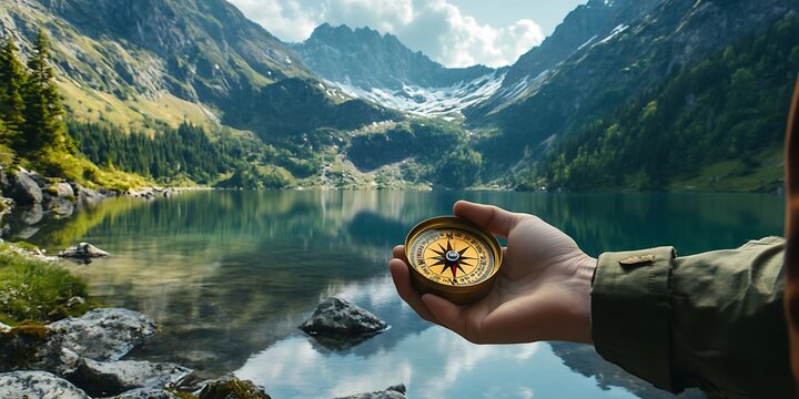 a hand holding a compass over a body of water with mountains in the background