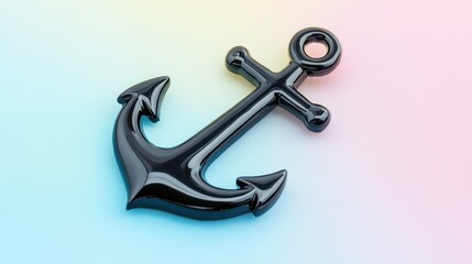 A shiny black anchor pendant with a glossy finish placed on a soft gradient white-to-blue background