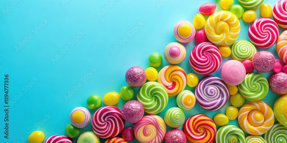 Poster a vibrant collection of colorful swirl lollipops and assorted candies arranged on a bright blue back