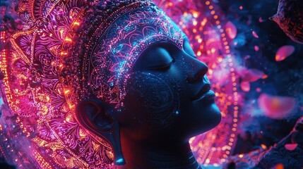 Close-up of a Buddha face with intricate patterns and glowing elements. Cosmic energy, spiritual motifs, and artistic details merge to create a meditative and divine expression. Generative AI