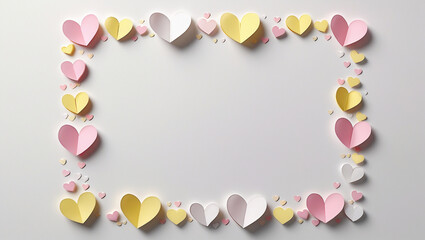 Minimalist Valentine design featuring pastel hearts as a confetti frame. Clean white background with soft yellow, pink, and white tones, perfect for love and celebration visuals.