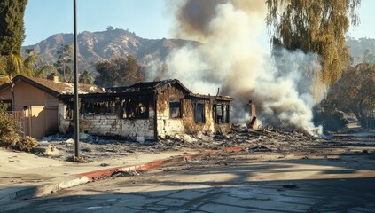 The remains of a house smolder in Las Vegas, California as thick smoke billows into the sky. The destruction left behind highlights the devastation caused by the recent fire