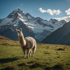 A llama standing proudly on a mountain trail with snow-capped peaks behind it. Alpaca Standing on a Mountain Ridge with a Snowy Mountain Range in the Background. White Alpaca Standing on a 


