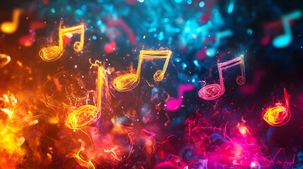 A visually striking composition of vibrant, neon-hued musical notes suspended in the air, set against a dreamy backdrop of swirling lights and shapes, symbolizing the interplay of music and 