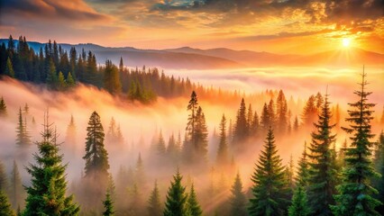 Obraz premium Golden Sunrise Illuminates Misty Mountain Forest with Towering Evergreens