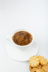 Danish cookies on a white background with coffee in a white cup, freshly brewed American coffee, isolate, breakfast, pastries, delicious shortbread cookies, catalog photo of food, coffee in bed