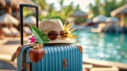 Colourful high suitcase on the beach with a straw hat and sunglasses with a tropical resort on background