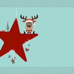 Rentier Auf Stern Mit Icons Bordüre Punkte Türkis Dunkelrot