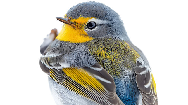 Northern Parula Warbler bird preening isolated on a white background