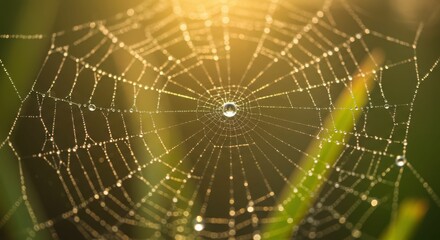 Dew-covered spider web glimmering in morning sunlight