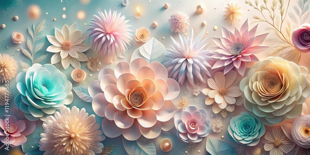Aufkleber a delicate array of pastel paper flowers in a soft, dreamy composition