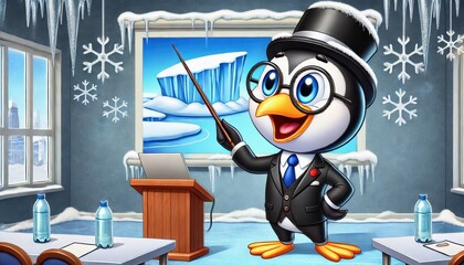 A cartoon of a penguin in a business suit giving a presentation with a pointer at an ice-cold meeting room.