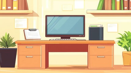 Fototapeta premium Professional desk setup with a monitor, keyboard, and a closed notebook in a quiet and tidy office.