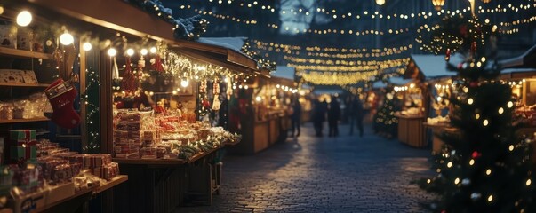 Fototapeta premium A festive outdoor market with stalls selling holiday goods and lights strung overhead, 4k photo.