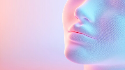 A close-up of a mannequin's face illuminated with colorful lights and soft shadows.