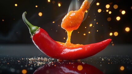 Spicy Food Challenges Concept. Spicy Red Chili Pepper with Vibrant Sauce Dripping in a Dramatic Culinary Scene