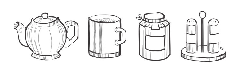 Kitchen Cookware and Utensils Sketch Drawn Vector Set