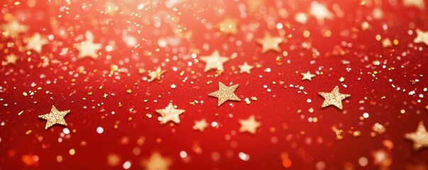 A festive red surface is adorned with shimmering golden stars, n elegant and joyful holiday vibe seasonal greetings or holiday decorations, inviting cheer and festive Perfect for holiday banners