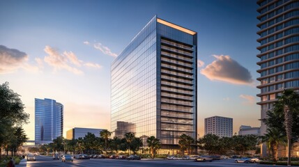 Fototapeta premium Professional office tower with minimalist design, reflective windows, and vibrant surroundings in a clean business district.