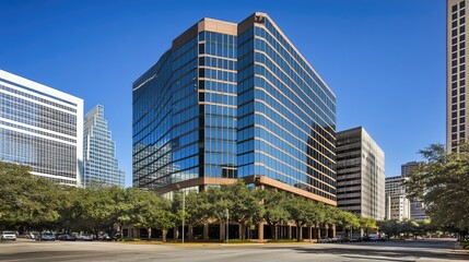 Professional office tower with reflective glass windows and a clean urban environment. Ample negative space in the sky for text overlays.