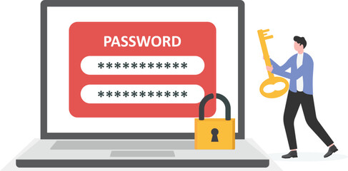 People protecting private information with antivirus software. Tiny man with key to lock on safe shield flat vector illustration.
