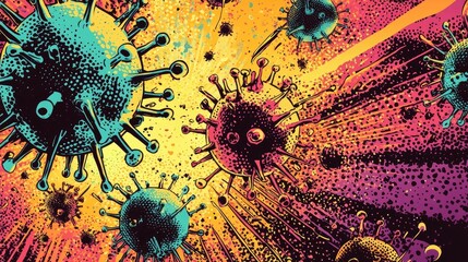 Vibrant pop-art depiction of a virus structure, with bold colors and comic-style texture. Emphasizes creativity and abstract representation of biology. Generative AI
