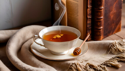 A white mug on a saucer filled with aromatic hot tea with honey, against the background of a blanket and open books.
