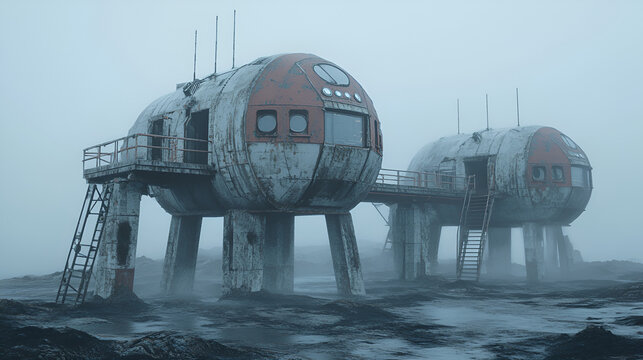 Futuristic pods on stilts stand like alien sentinels in a misty, desolate landscape. Their weathered metal shells and rusty ladders suggest an abandoned outpost from a forgotten sci-fi world