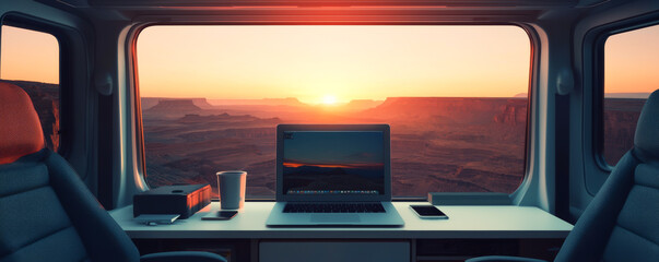 Fototapeta premium A cozy workspace with stunning sunset views, inspiring productivity and creativity.