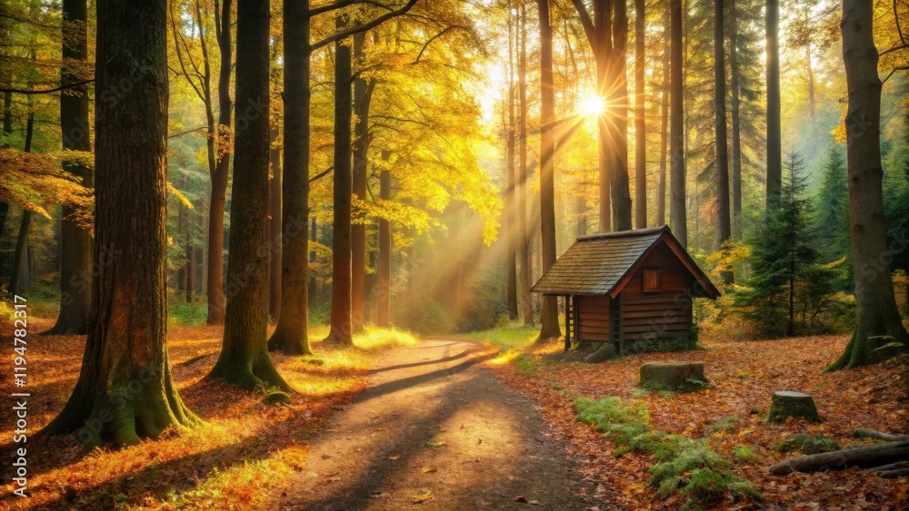 Poster Golden Hour Serenity A Rustic Cabin Nestled Amongst Autumnal Trees on a Sun-Dappled Path
