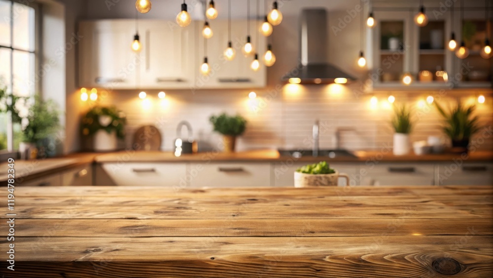 Poster Rustic Wooden Tabletop in a Warm and Inviting Kitchen Setting with Soft Lighting and Greenery